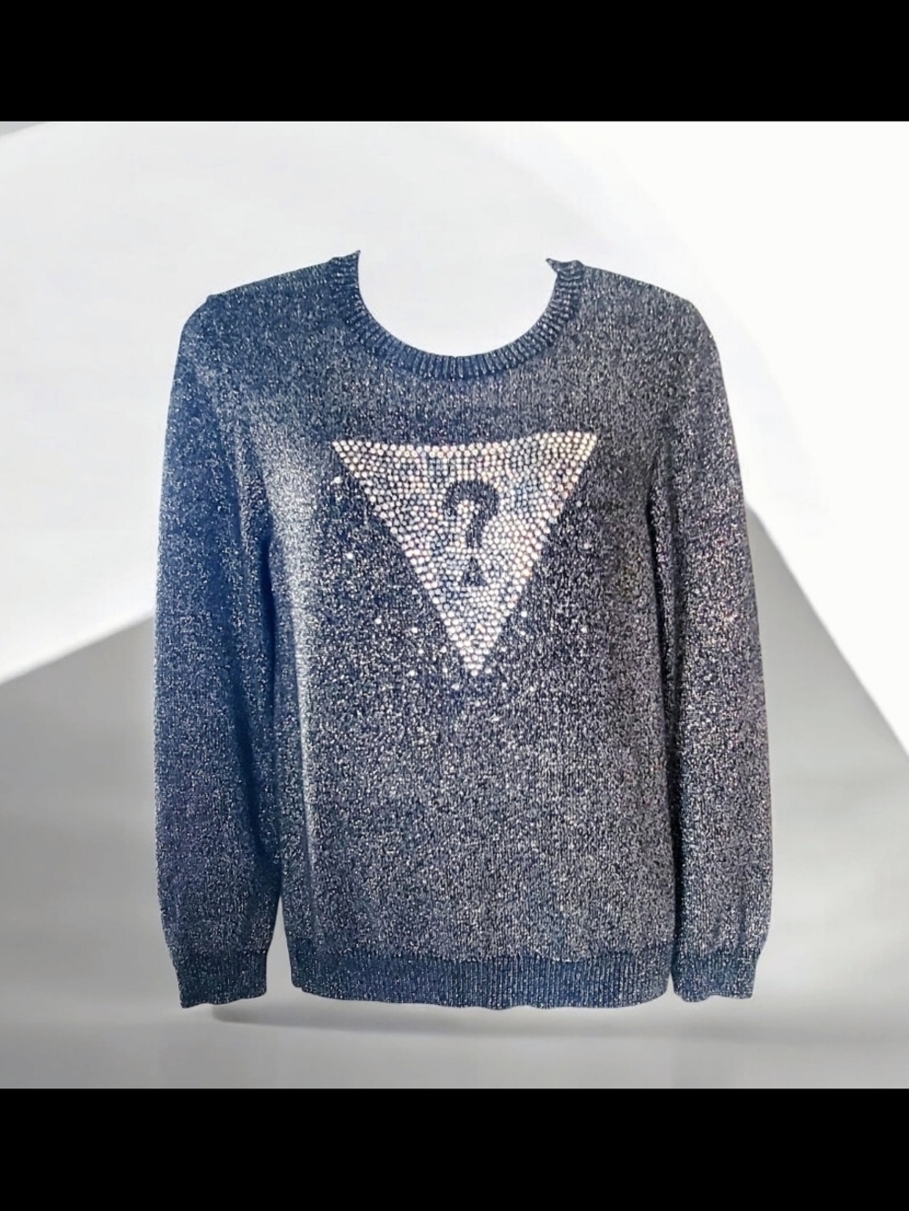 Guess  Sparkle Black And Silver Crewneck with Rhinestone Triangle